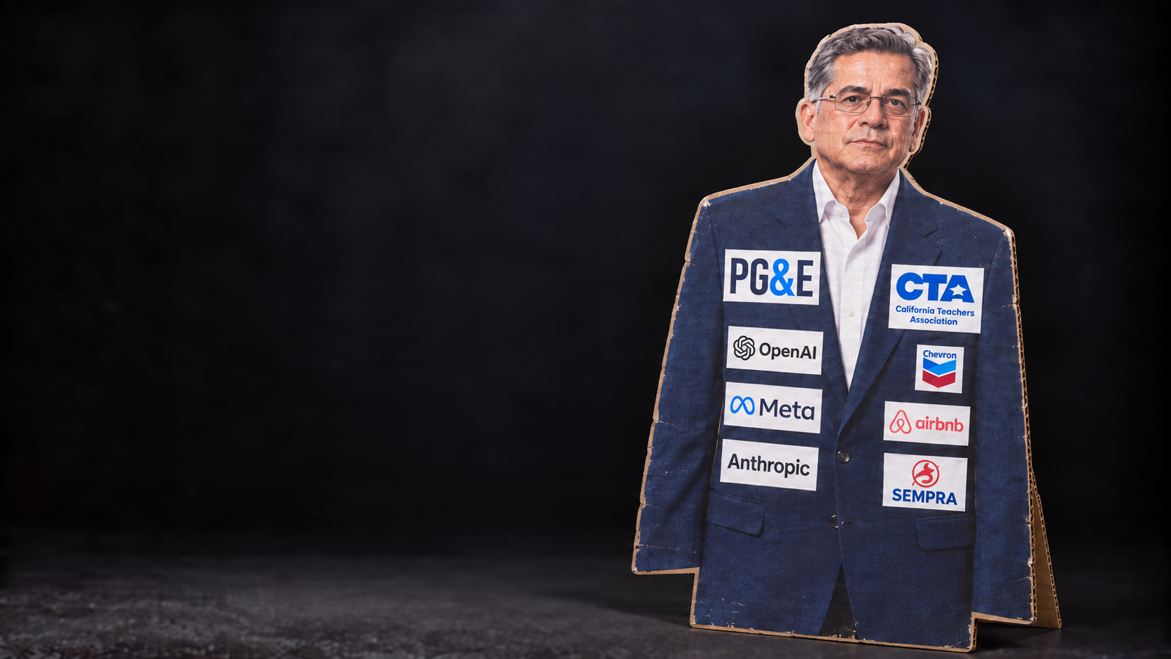 Editorial composite of a dark suit covered with sponsor logos